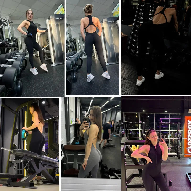 Sexy Hollow Backless Sporty Jumpsuits Fitness Overalls for Women Scrunch Workout Rompers One Pieces Yoga Suit Zip Gym Bodysuit