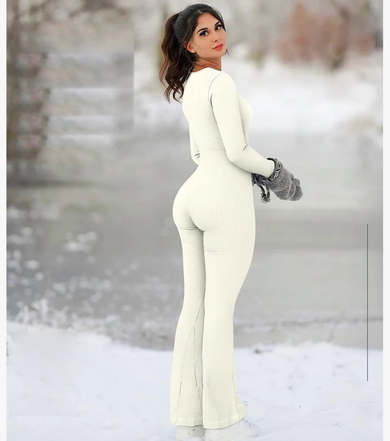 Women’s Seamless Long Sleeve Yoga Jumpsuit – Wide-Leg Stretch One-Piece Bodysuit with Waist-Shaping Fit for Workout & Everyday Wear
