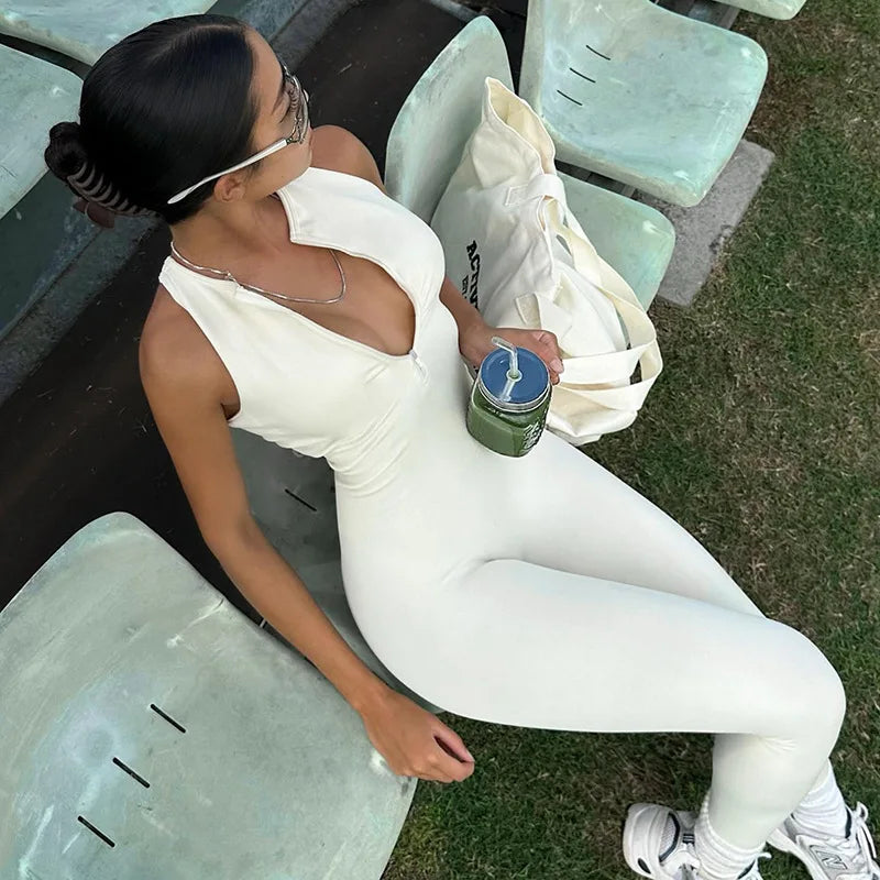 Solid Color Splicing Zipper Hollow Out Backless Tight Fitting Sleeveless Jumpsuit Pants European American Sports Yoga Women's