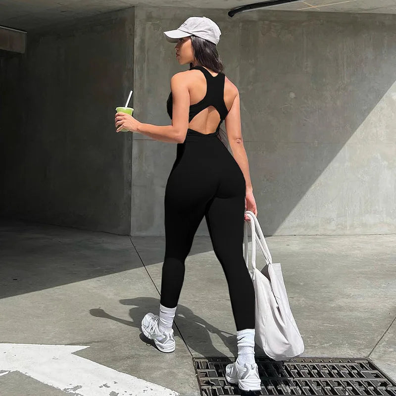 Solid Color Splicing Zipper Hollow Out Backless Tight Fitting Sleeveless Jumpsuit Pants European American Sports Yoga Women's